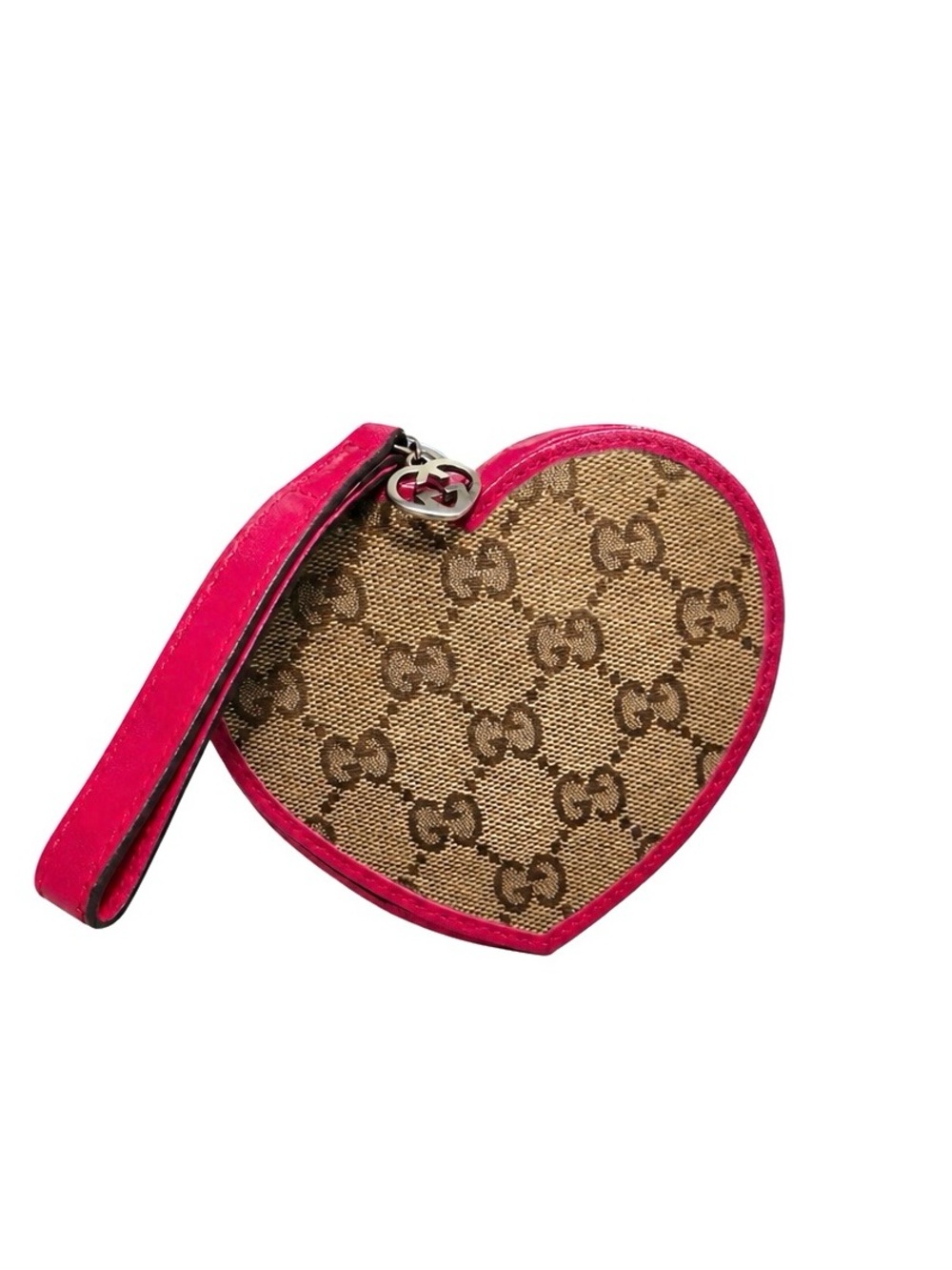 GUCCI Brown & Pink GG Web Design Heart Coin Pouch Wristlet